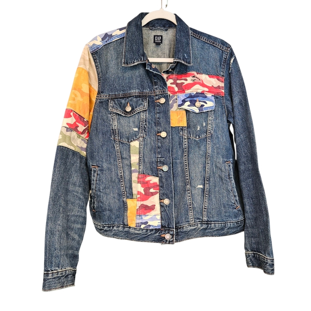 Gap Denim Camo Patchwork Jacket Distressed Size Xl - image 1